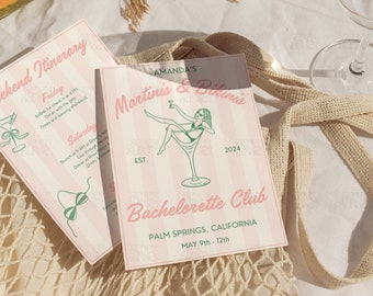 Martinis And Bikinis Bachelorette Invitation Tinis & Bikinis Itinerary Handwritten Hen Party Invite Dirty Martini Bach Theme Canva Template