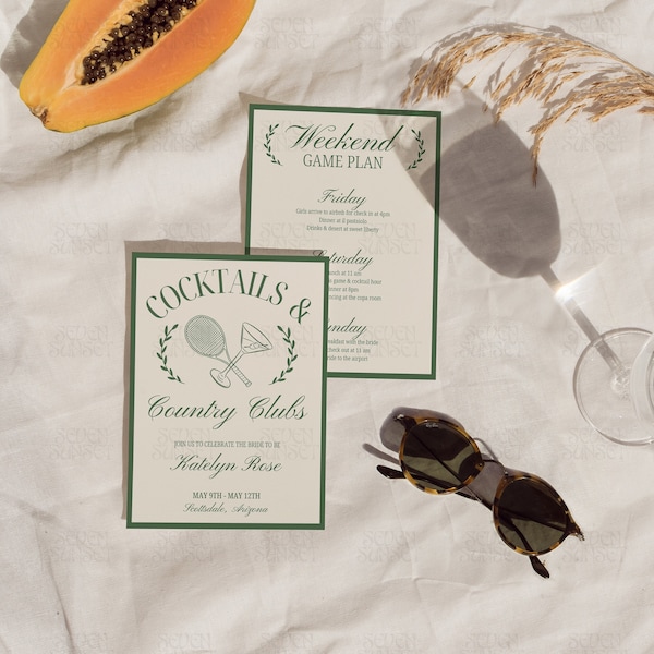 Cocktails And Country Clubs Bachelorette Invite Tennis Club Bachelorette Itinerary Luxury Bach Template Country Club Bridal Shower Canva
