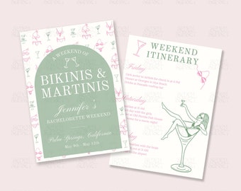 Martinis And Bikinis Bachelorette Invitation Tinis & Bikinis Itinerary Handwritten Hen Party Invite Dirty Martini Bach Theme Canva Template