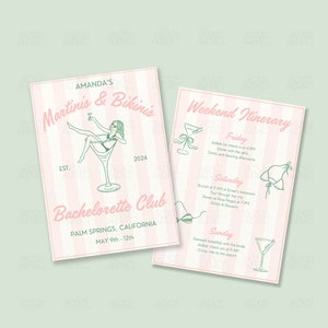 Martinis And Bikinis Bachelorette Invitation Tinis & Bikinis Itinerary Handwritten Hen Party Invite Dirty Martini Bach Theme Canva Template