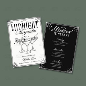 May include: Two invitation cards with a witchy theme. One card reads "Midnight Margaritas" with margarita illustrations. The other card is black and lists a weekend itinerary. Both cards have spiderweb borders.