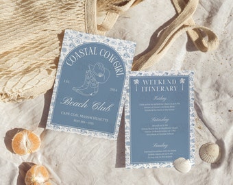 Invitación de despedida de soltera de vaquera costera, itinerario de vaquera costera, último brindis en la costa, despedida de soltera en la playa, plantilla editable de Canva