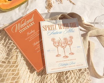 Invitación a la despedida de soltera Spritz Itinerario de Spritz With Mrs Plantilla de Sun And Spritz Invitación de despedida de soltera Spritz Love At First Plantilla editable de Canva