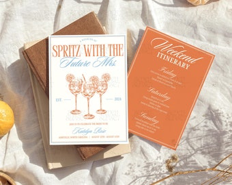 Invitación a la despedida de soltera Spritz Itinerario de Spritz With Mrs Plantilla de Sun And Spritz Invitación de despedida de soltera Spritz Love At First Plantilla editable de Canva