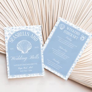 Seashells And Wedding Bells Bachelorette Invite Seashells Wedding Bells Invitation Coastal Bachelorette Itinerary Editable Canva Template