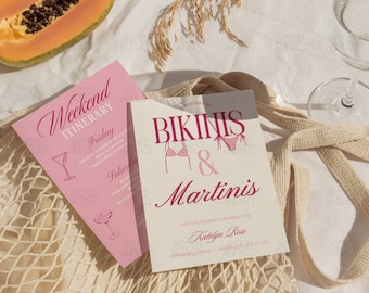 Bikinis And Martinis Bachelorette Invitation Tinis & Bikinis Itinerary Classy Hen Party Invite Dirty Martini Bach Club Beach Canva Template