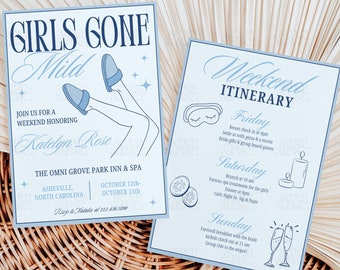 Girls Gone Mild Bachelorette Invite Slumber Party Bachelorette Invitation Spa Bach Itinerary Editable Canva Template Girls Gone Mild Theme