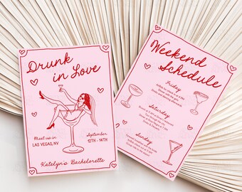 Drunk In Love Bachelorette Invitation Lover Bach Itinerary Hand Drawn Hen Party Invite Editable Canva Template Cocktail Bachelorette Invite
