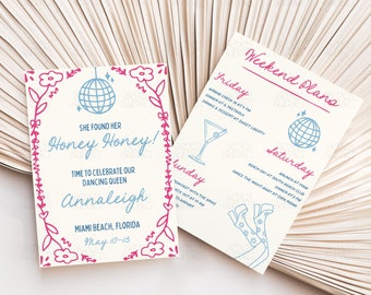 Mamma Mia Bachelorette Invitation Last Disco Invite Hand Drawn Itinerary Dancing Queen Theme Invitation Editable Canva Invite Hen Do Party