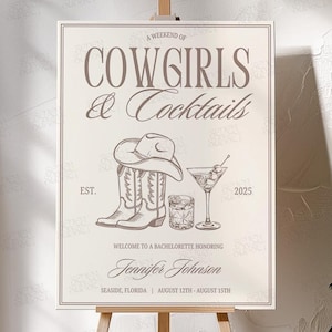 Letrero de despedida de soltera con vaqueras y cócteles Letrero de bienvenida para despedida de soltera con vaquera Póster del último rodeo Plantilla editable de Canva para despedida de soltera estilo western