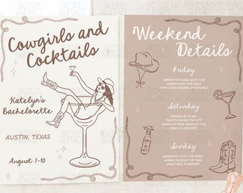 Invitación de despedida de soltera de vaqueras y cócteles Itinerario de despedida de soltera de vaquera Invitación escrita a mano Último rodeo Invitación de despedida de soltera Plantilla occidental