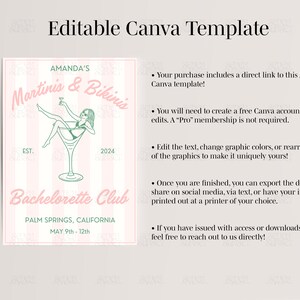 May include: A pink and white striped printable invitation for a bachelorette party. The invitation features a martini glass with a woman in a bikini sitting on the rim. The text reads "Amanda's Martinis & Bikinis Bachelorette Club, Palm Springs, California, May 9th-12th".