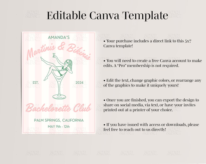 May include: A pink and white striped printable invitation for a bachelorette party. The invitation features a martini glass with a woman in a bikini sitting on the rim. The text reads "Amanda's Martinis & Bikinis Bachelorette Club, Palm Springs, California, May 9th-12th".