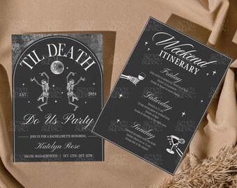 Invitación de despedida de soltera "Hasta la muerte", plantilla de despedida de soltera espeluznante, itinerario de Halloween, invitación a la discoteca "Hasta la muerte nos haga", plantilla de invitación de novia esqueleto