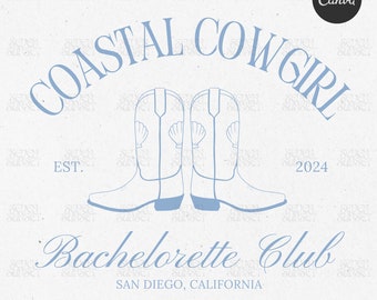 Logotipo de despedida de soltera de Coastal Cowgirl Diseño de camiseta de despedida de soltera de Coastal Cowgirl Girls Club Plantilla Canva editable