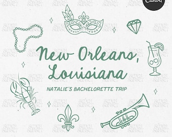 Diseño de despedida de soltera en Nueva Orleans: Mardi Gras Bach, logotipo de Nueva Orleans, Luisiana, plantilla editable de Canva, PNG de novia de Nueva Orleans para novias que lo hacen por sí mismas.