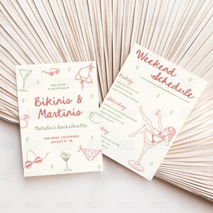 Martinis And Bikinis Bachelorette Invitation Tinis & Bikinis Itinerary Handwritten Hen Do Party Invite Dirty Martini Theme Canva Template