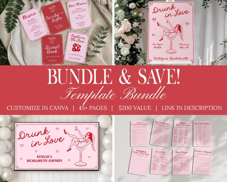 Drunk In Love Bachelorette Invitation Lover Bach Itinerary Hand Drawn Hen Party Invite Editable Canva Template Cocktail Bachelorette Invite image 8