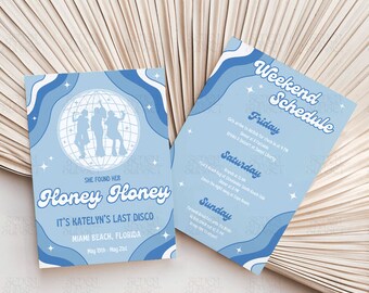 Mamma Mia Bachelorette Itinerary, Editable Invitation, Dancing Queen Theme, Last Disco, Bachelorette Party Itinerary, Blue Canva Template