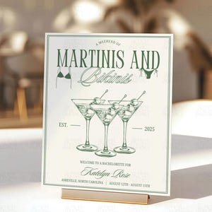 Może przedstawiać: Biała karta z zielonym tekstem i ilustracjami. Tekst brzmi "Weekend z Martini i Bikini". Po obu stronach tekstu znajdują się dwa kieliszki do martini z oliwkami i ilustracja bikini. Karta zawiera r&oacute;wnież tekst "EST. 2025" i "Witamy na wieczorze panieńskim dla Katelyn Rose". Dolna część karty brzmi "Asheville, Karolina P&oacute;łnocna | 12 sierpnia - 15 sierpnia".
