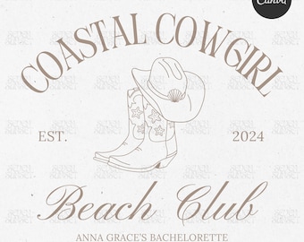 Logotipo de despedida de soltera de Coastal Cowgirl Diseño de camiseta de despedida de soltera de Coastal Cowgirl Girls Club Plantilla Canva editable