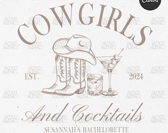 Logotipo de despedida de soltera de vaqueras y cócteles Vamos chicas Diseño de Bach Nashville Plantilla de Bach PNG Plantilla editable de Canva para Cowgirl Social Club