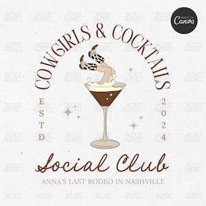 Cowgirls en cocktails Bachelorette-logo Let&#39;s Go Girls Bach ontwerp Nashville Bach-sjabloon PNG Cowgirl Social Club bewerkbare canva-sjabloon