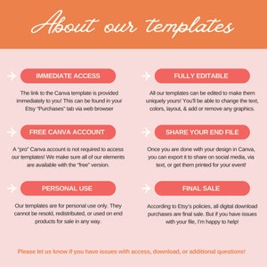 May include: A pink and orange graphic with text that reads "About our templates". The graphic describes the features of Canva templates, including immediate access, fully editable, free Canva account, share your end file, personal use, and final sale.