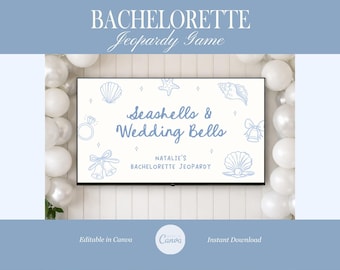 Seashells And Wedding Bells Game, Beach Bachelorette Jeopardy, Editable Canva Template, Coastal Bridal Shower Trivia