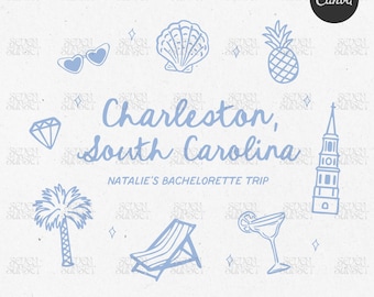 Charleston Bachelorette Shirt Design: Charleston South Carolina PNG, Editable Canva Template, Beach Bach Logo for DIY Brides