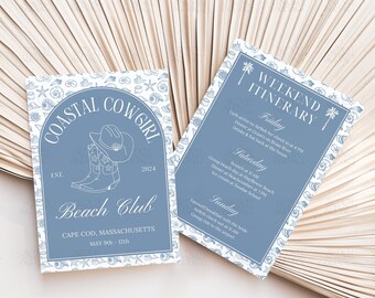 Invitación de despedida de soltera de vaquera costera, itinerario de vaquera costera, último brindis en la costa, despedida de soltera en la playa, plantilla editable de Canva