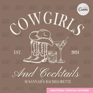 Cowgirls en cocktails Bachelorette-logo Let&#39;s Go Girls Bach ontwerp Nashville Bach-sjabloon PNG Cowgirl Social Club bewerkbare canva-sjabloon