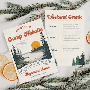 Retro Camp Bachelorette Invitation Lake Bach Template Wild In The Woods Theme Summer Camp Bachelorette Itinerary Bride's Last Trail Invite