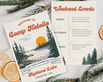 Retro Camp Bachelorette Inbjudan Mall för Lake Bach Wild in the Woods-tema Sommarläger Bachelorette Resplan Brudens sista stig Inbjudan