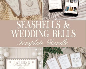 Paquete de plantillas de conchas marinas y campanas de boda: invitación e itinerario para la playa, carteles personalizables para la despedida de soltera, juegos para la despedida de soltera.