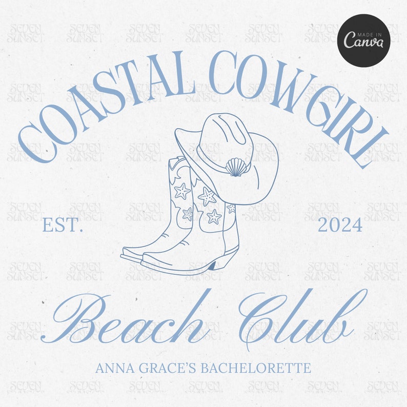 May include: A blue and white logo design with the text "Coastal Cowgirl Beach Club Est. 2024" and the words "Anna Grace's Bachelorette" underneath. The logo features a cowboy hat and boots with stars.