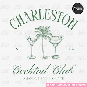 Logotipo de despedida de soltera en Charleston Beach Diseño de camiseta de Bach Social Club Plantilla de Canva editable Diseño de club de chicas de despedida de soltera de cócteles personalizados