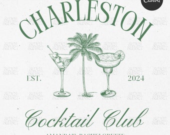 Charleston Beach Bachelorette Logo The Bach Social Club Shirt Design Editable Canva Template Custom Cocktails Bachelorette Girls Club Design