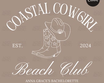 Logotipo de despedida de soltera de Coastal Cowgirl Diseño de camiseta de despedida de soltera de Coastal Cowgirl Girls Club Plantilla Canva editable