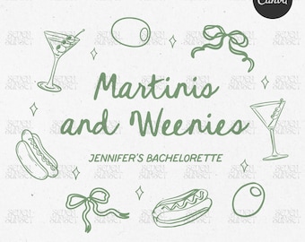 Plantilla de despedida de soltera de Martinis y salchichas Diseño de Tinis y salchichas Tema de cumpleaños de perrito caliente Logotipo de camiseta de Martini sucio Diseño de plantilla de logotipo de Canva