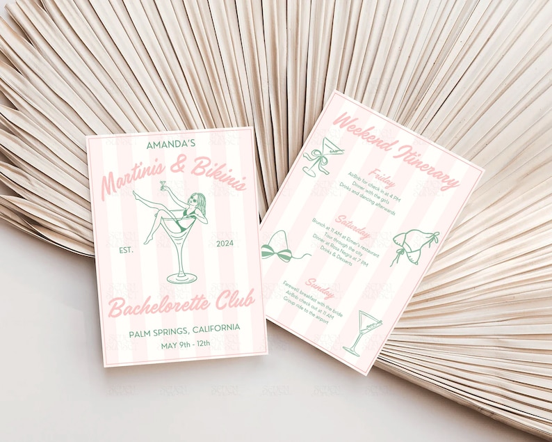 Martinis And Bikinis Bachelorette Invitation Tinis & Bikinis Itinerary Handwritten Hen Party Invite Dirty Martini Bach Theme Canva Template image 2