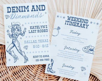 Denim And Diamonds Bachelorette Invitation Last Rodeo Editable Invitation Cowgirl Bach Invite Bachelorette Itinerary Western Canva Template