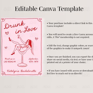 Drunk In Love Bachelorette Invitation Lover Bach Itinerary Hand Drawn Hen Party Invite Editable Canva Template Cocktail Bachelorette Invite image 2