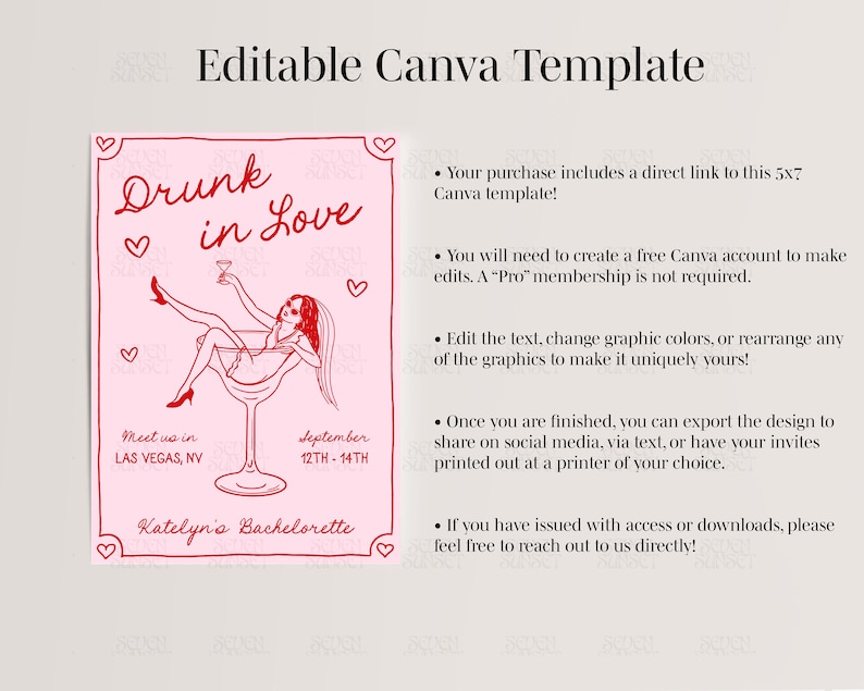 Drunk In Love Bachelorette Invitation Lover Bach Itinerary Hand Drawn Hen Party Invite Editable Canva Template Cocktail Bachelorette Invite image 2