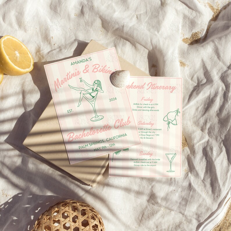 May include: Pink and green invitation for a bachelorette party in Palm Springs, California. The invitation features a martini glass with a woman in a bikini sitting on the rim. The text reads "Amanda's Martinis & Bikinis Bachelorette Club Palm Springs, California May 9th - 12th 2024".