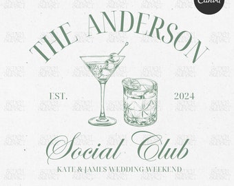 Luxury Bach Drink Template Social Cocktail Club Editable Canva Template Custom Bach Club Logo Last Toast On The Coast Last Name Social Club