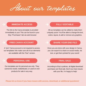May include: A pink and orange graphic with the text "About our templates" in white. The graphic describes the features of Canva templates, including immediate access, fully editable, free Canva account, share your end file, personal use, and final sale.
