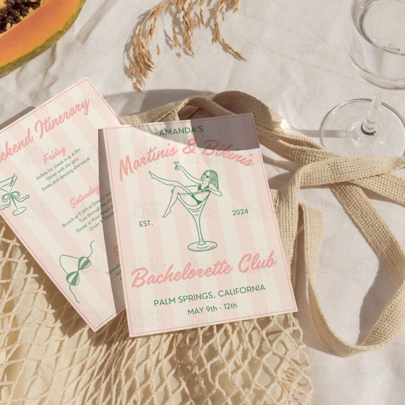 Martinis And Bikinis Bachelorette Invitation Tinis & Bikinis Itinerary Handwritten Hen Party Invite Dirty Martini Bach Theme Canva Template