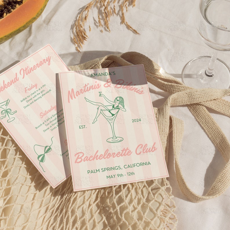 May include: A pink and green illustrated invitation for a bachelorette party. The invitation features a woman in a bikini holding a martini glass. The text reads "Amanda's Martinis & Bikinis Bachelorette Club Palm Springs, California May 9th-12th".