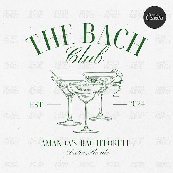 The Bach Club Logo, Bachelorette Social Club, Editable Canva Template, Cocktail Bach Logo, Custom Drinks Template, Luxury Bachelorette Logo